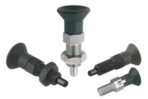 Indexing plungers, steel or stainless steel with plastic mushroom grip and extended indexing pin Indexing plungers, steel or stainless steel with plastic mushroom grip and extended indexing pin