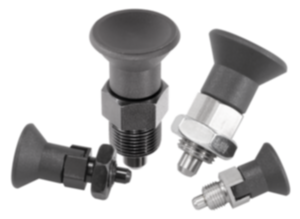 Indexing plungers, steel or stainless steel, short version with plastic mushroom grip - inch Indexing plungers, steel or stainless steel, short version with plastic mushroom grip - inch