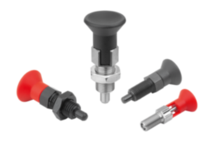 Indexing plungers, steel or stainless steel with plastic mushroom grip and extended indexing pin Indexing plungers, steel or stainless steel with plastic mushroom grip and extended indexing pin