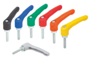 Clamping levers, plastic with external thread, threaded insert blue passivated steel