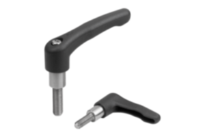 Clamping levers, plastic with external thread and long collar, threaded pin stainless steel
