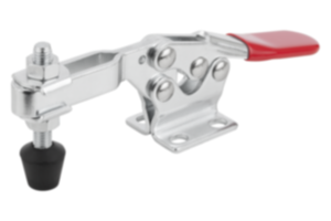 Toggle clamps horizontal with flat foot and adjustable clamping spindle